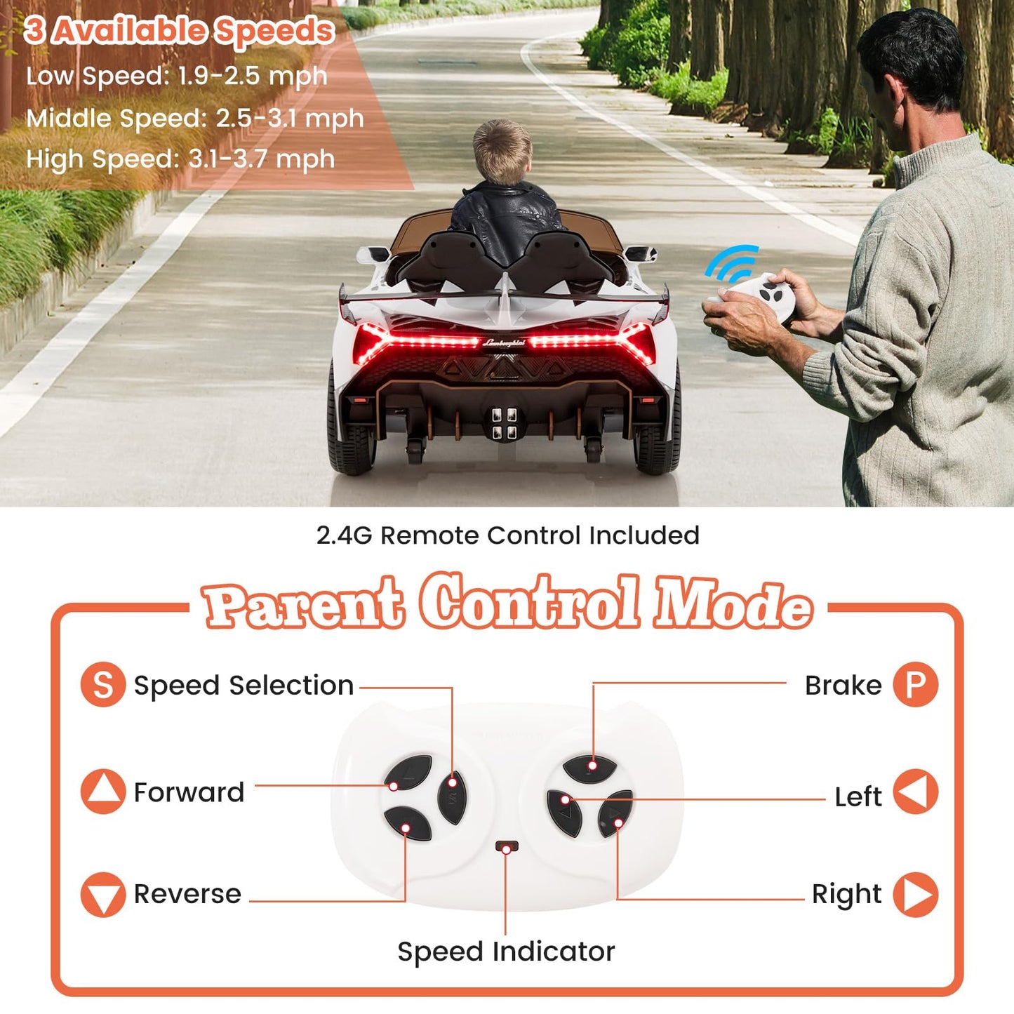 Costzon Ride On Car, Lamborghini Licensed 12V Battery Powered 4Wd Sports Car With Remote Control, 3 Speeds, Hydraulic Doors, Led