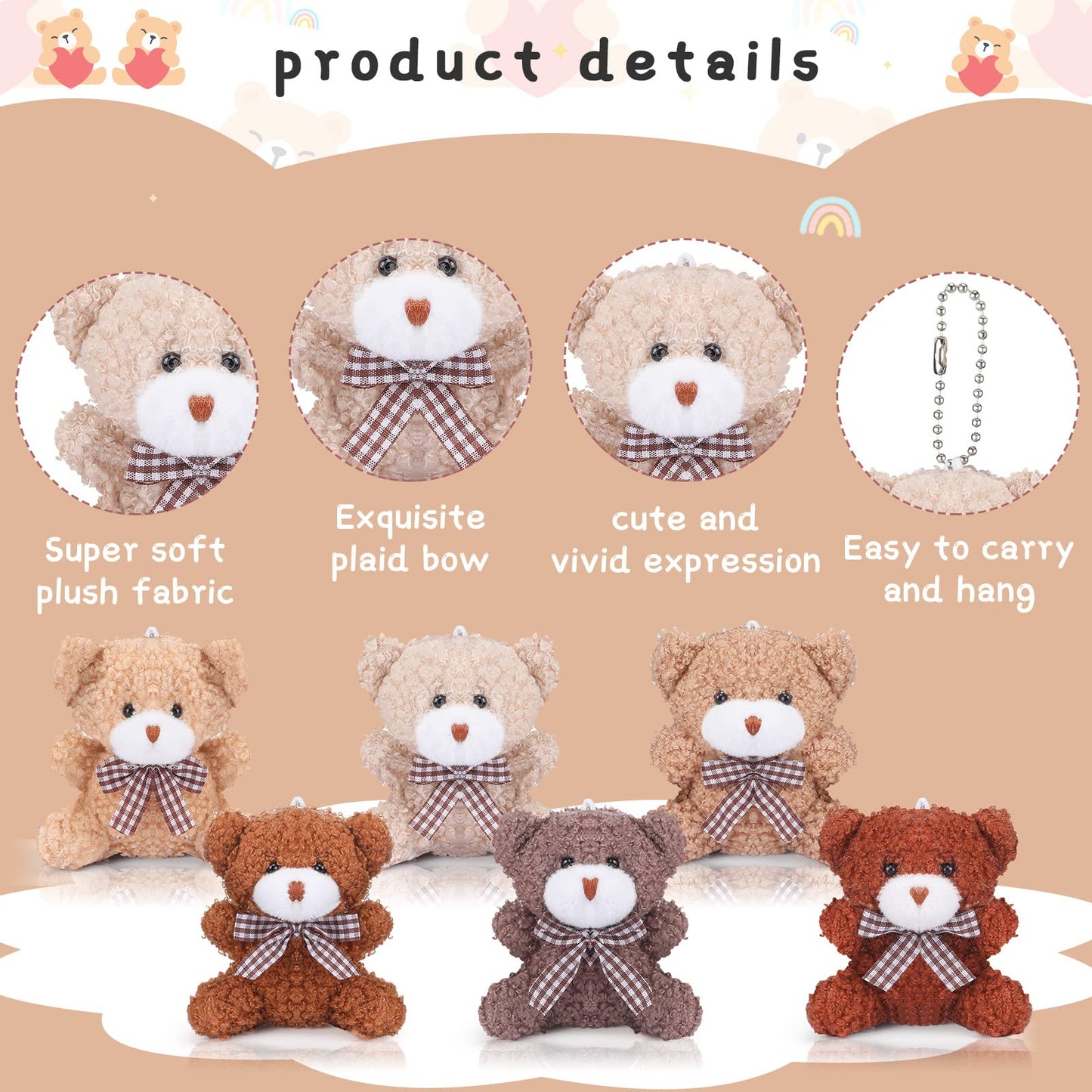 24 Pack Mini Bear Toys Bulk Plush Stuffed Animals Jointed Doll 3.15 Inch Bear Keychain For Teens Girls Adult Birthday Wedding Gr