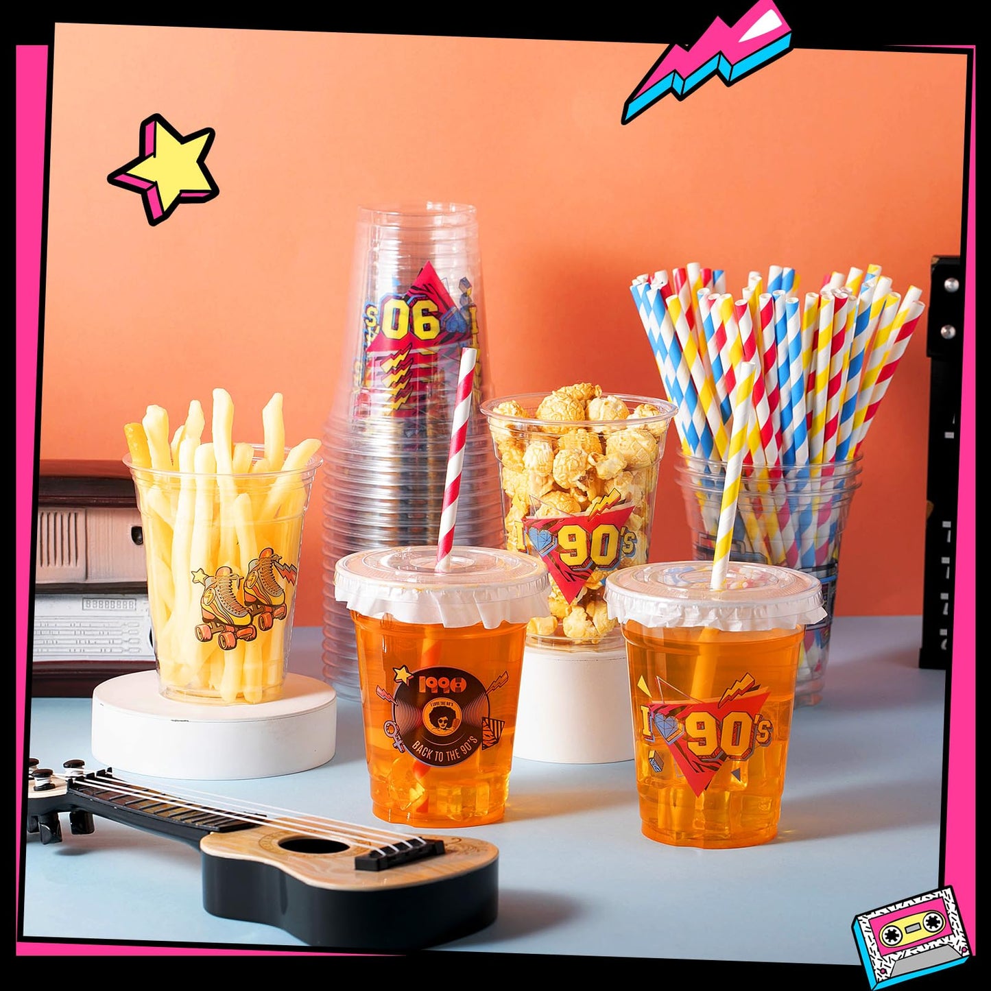Foldtier 50 Pcs 90S Party Cups Disposable Plastic Cup 12 Oz G Back To 90S Cups Thick 90S Theme Clear Cup Lids Straws Retro Music