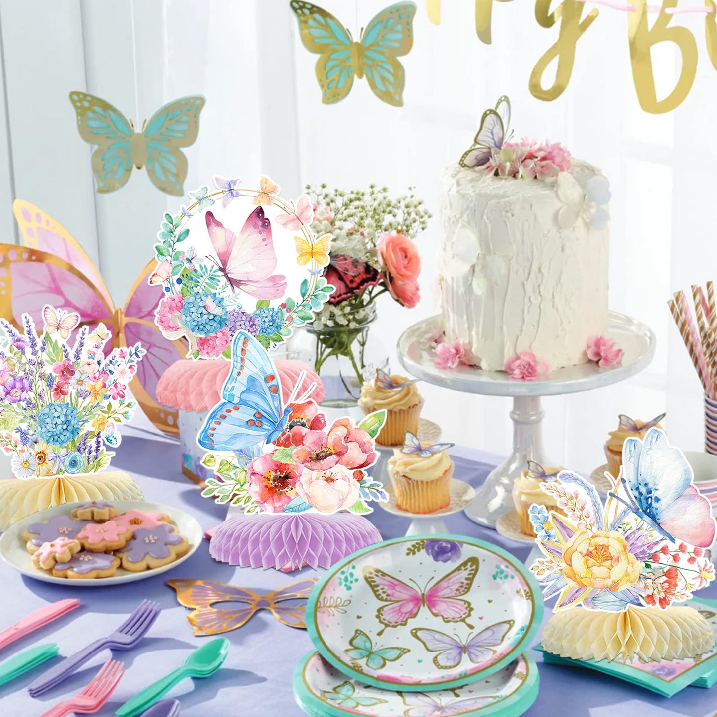 10Pcs Butterfly Party Decorations,Spring Pink Purple Butterfly Flowers Centerpieces 3D Table Honeycomb Toppers Butterfly Theme Birthday Party Decor For Girls Baby Shower Party Photo Prop Supplies