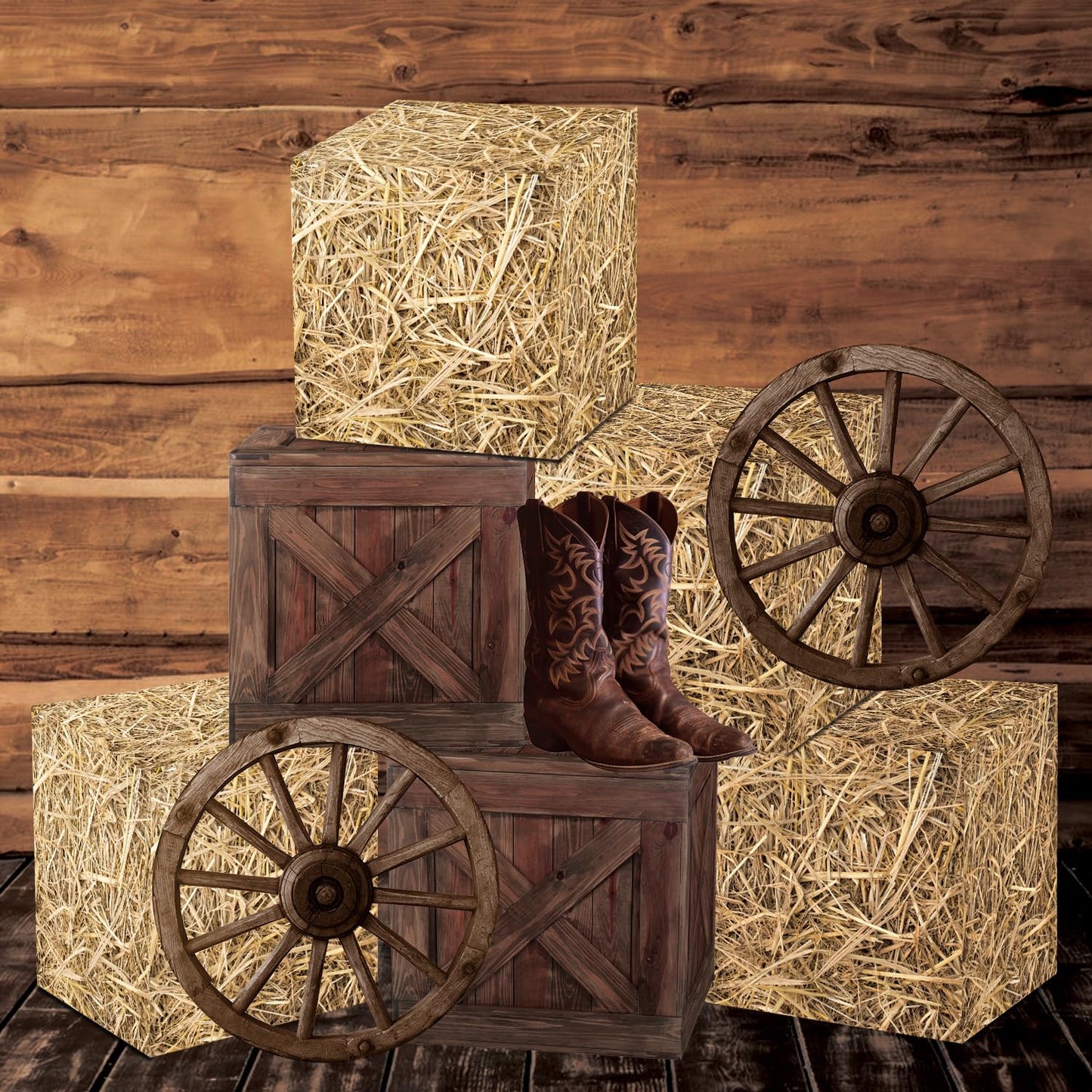 Gameza Western Hay Bales Boxes Decor, Western Cowboy Party Decorations Farm Trunk or Treat Car Hay Bales Wagon Wheel Decorations