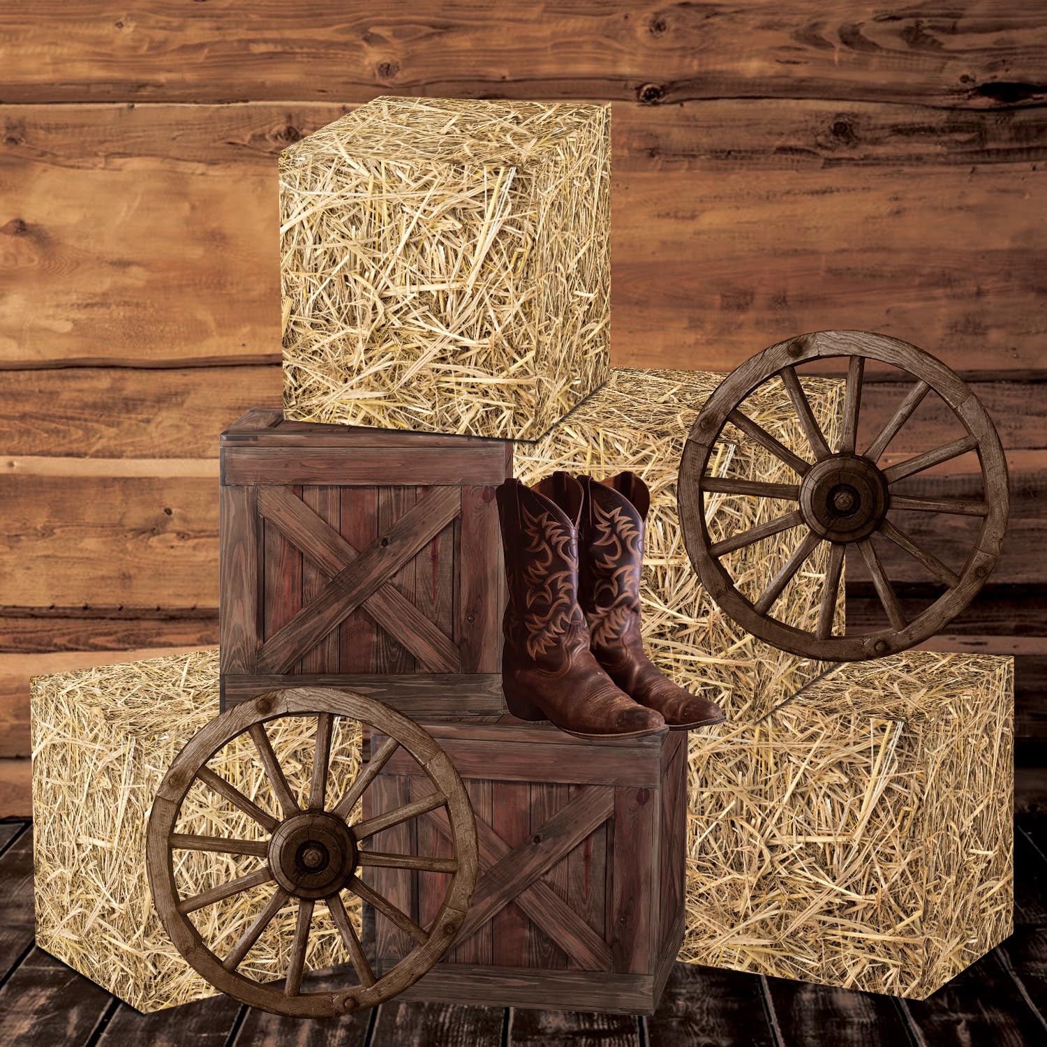 Gameza Western Hay Bales Boxes Decor, Western Cowboy Party Decorations Farm Trunk or Treat Car Hay Bales Wagon Wheel Decorations