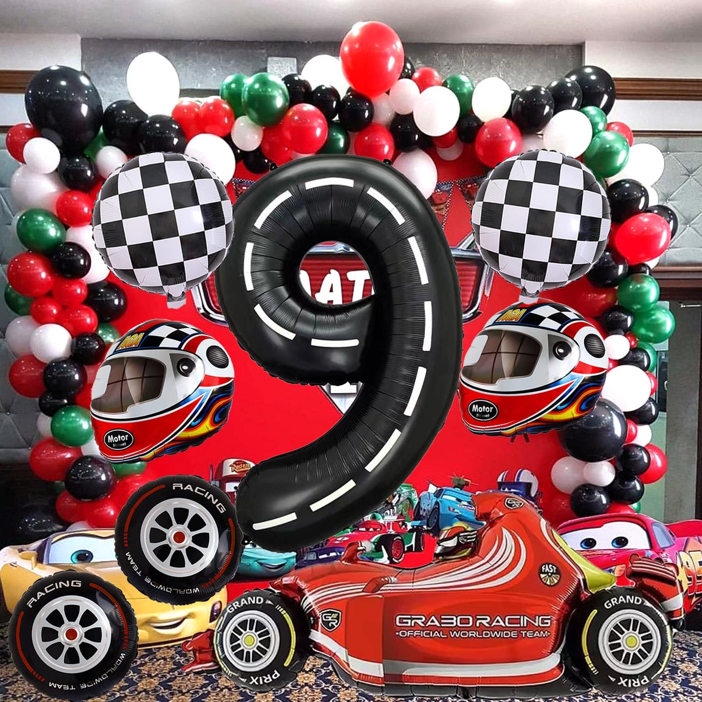 Stcomart 8 Pcs Race Car Party Decorations, Black Number 9 Balloon Checkered Balloons Tire Balloons For Boys 9Th Birthday