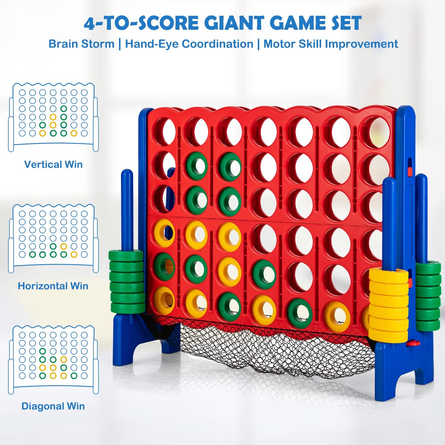 Costzon Jumbo 4-To-Score Giant Game Set, 3.5Ft Tall 4 In A Row W/ 42 Jumbo Rings, Quick-Release Slider & Mesh Net, Indoor Outdoo
