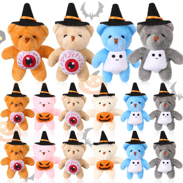 Blueweenly 24 Pcs Mini Halloween Bear Small Halloween Stuffed Animal Soft Tiny Pumpkin Plush Doll Keychain With Cap Trick Or Tre
