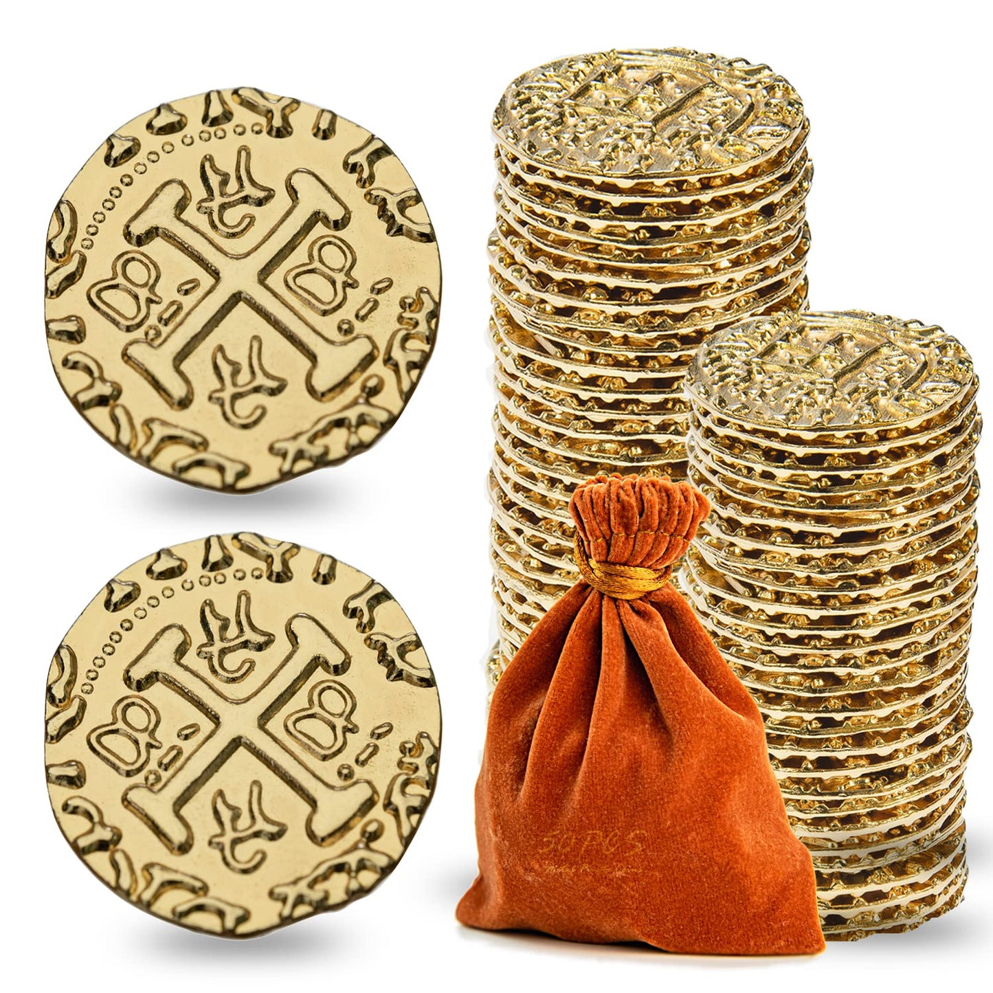 Prefdo Metal Pirate Coins, 50PCS X Large Gold Treasure Coin Set Spanish Doubloon Replicas Fantasy Metal Coins Pirate Gold Coins