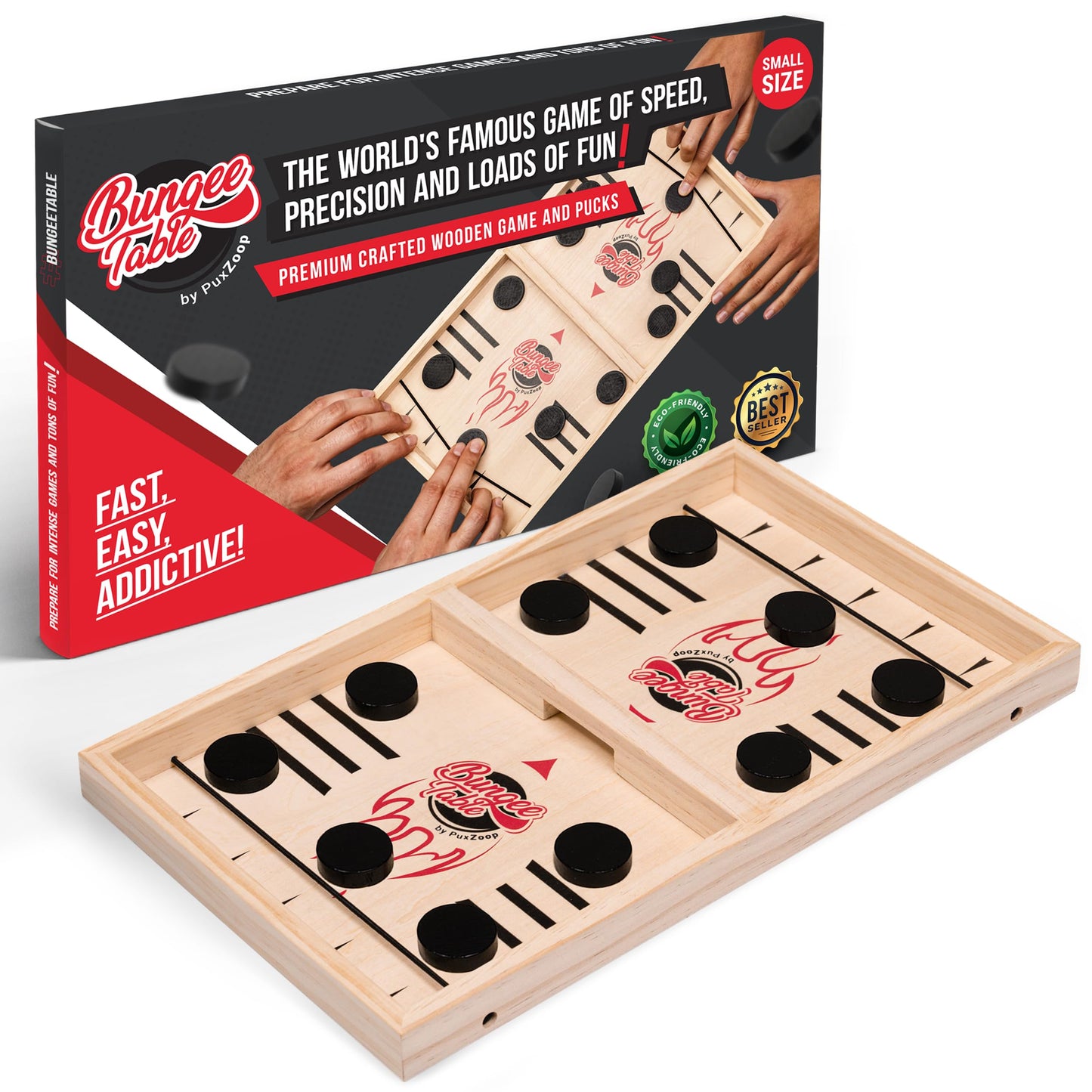 Bungee Table Fast Sling Puck Game - Small Size - Test Your Speed And Accuracy With This Fast-Paced Wooden Air Hockey Board Game