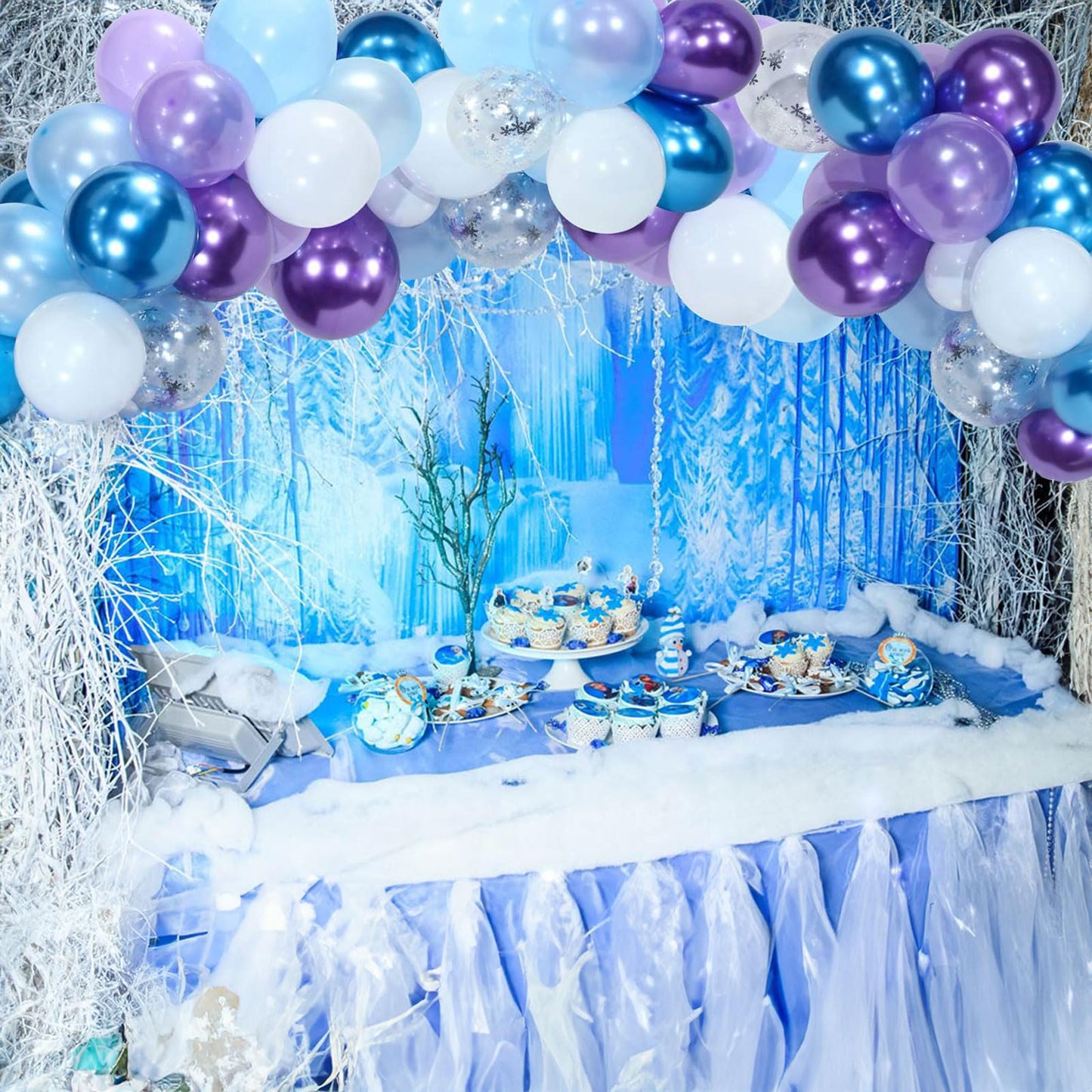 Frozen Balloons Set, 12 Inch Metallic Blue Purple Balloons Snowflake Confetti Latex Balloons Metallic Silver Helium Balloon Gril