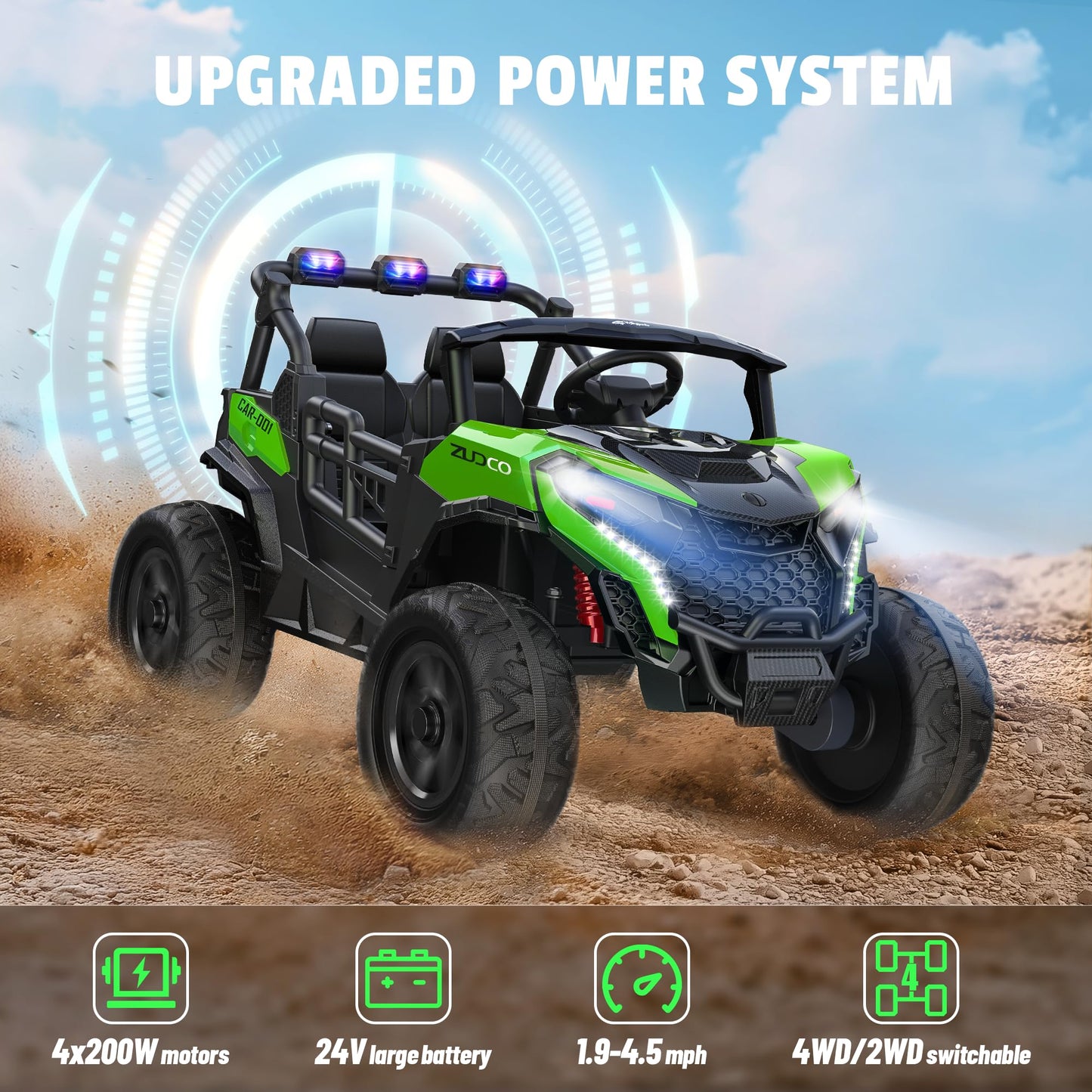 Arbeli 24V 2 Seater Ride On Car Truck, 4X200W, Eva Tires, Remote Control, 4Wd/2Wd, Rainbow Lights, Shock Absorbers, Bluetooth, R