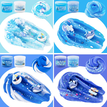 LAWOHO 6 Packs Gradient Blue Slime Kit - Cloud, Butter & Clear Slime, Non-Sticky, Ocean Color, 360ml, Fun Party Favors for Kids