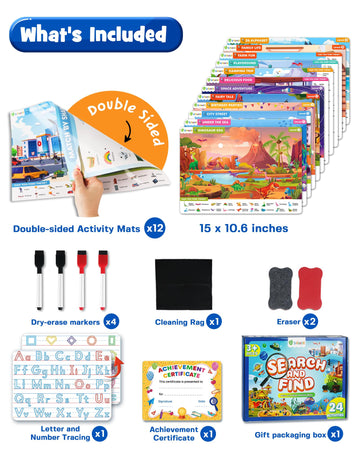 Preschool Learning Activity - Search And Find Book, Reusable Learning & Education Toys, Travel Game For Road Trip Car Airplane, 24 Activity With 4 Dry Erase Markers, Birthday Gifts For Kid Ages 3-6