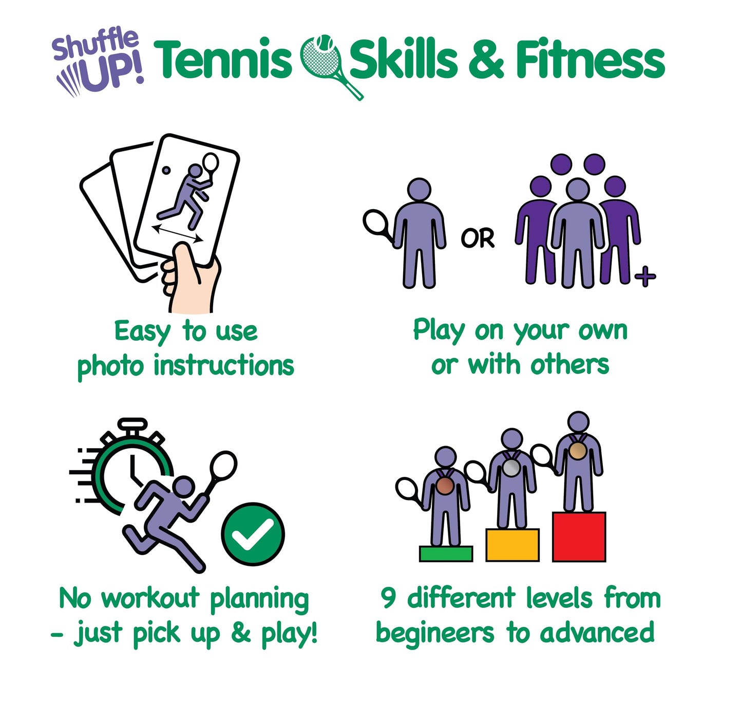 Shuffle Up Tennis Card Games - 70+ Fun & Active Skills Cards For Kids, Fitness Cards Develop Fundamentals, Stamina & Strength, Easy To Play For Kids | Multiple Skill Level Cards Include 2 Dices