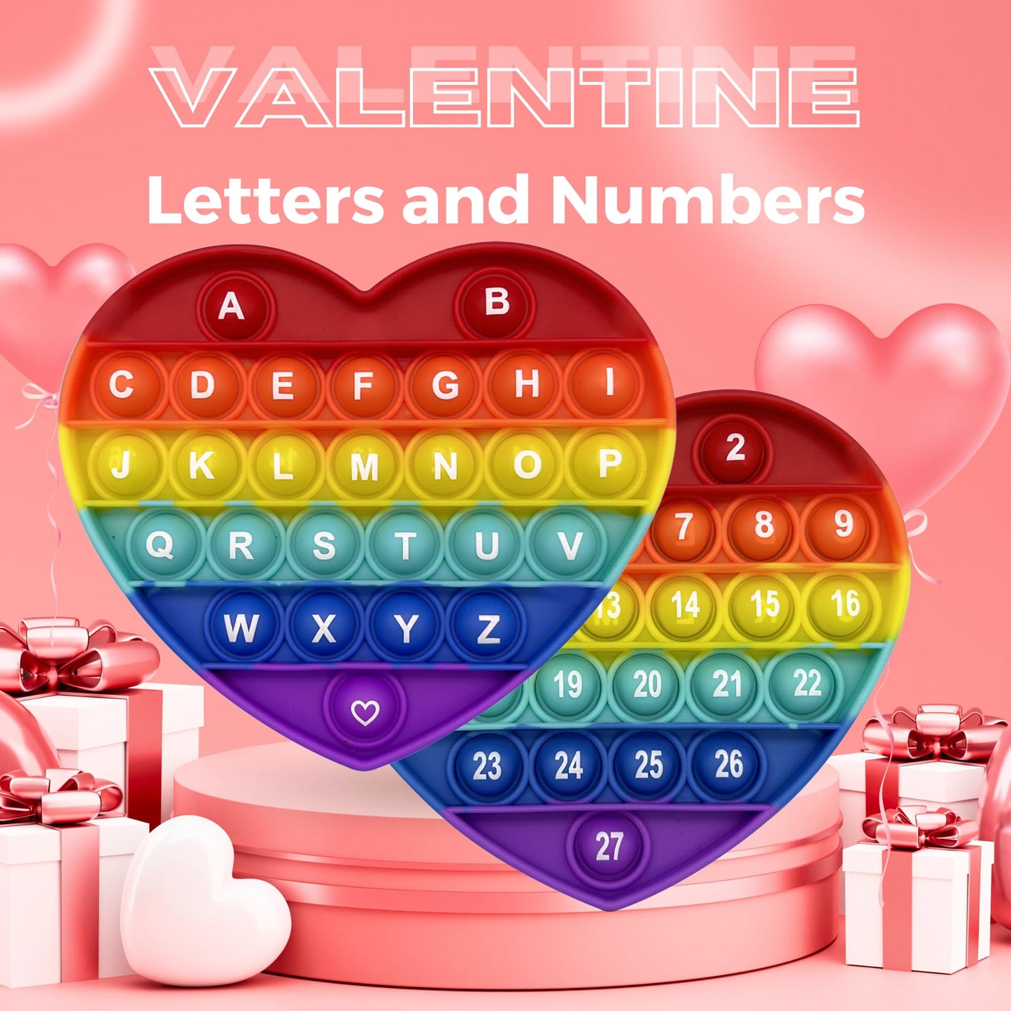Petbsnvb Rainbow Heart Shaped Pop Bubble Valentines Fidget Toy With Letters And Numbers, Xmas Gift Sensory Toy With Alphabets Ki