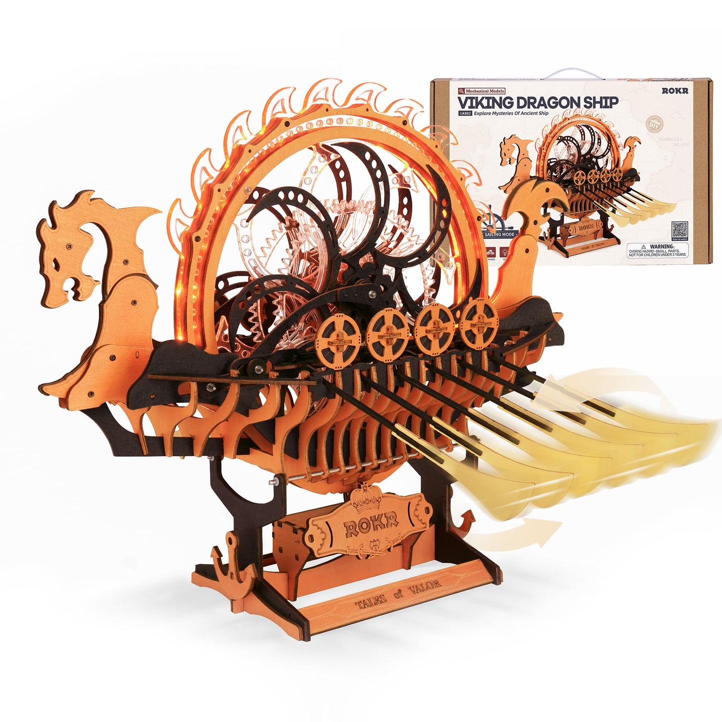 Rokr 3D Wooden Puzzle For Adults, 3-Hour Build, Viking Dragon Ship With Led Lights, Model Kits For Adults To Build, Ideal Gift For Boys And Men