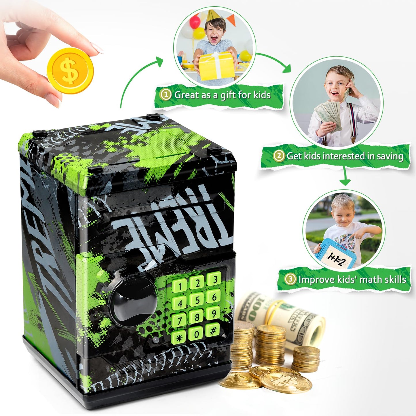 Atm Piggy Bank For Boys Girls, Vcertcpl Mini Atm Coin Bank Money Saving Box With Password, Kids Safe Money Jar For Adults With Auto Grab Bill Slot, Great Gift Toy Bank For Kids