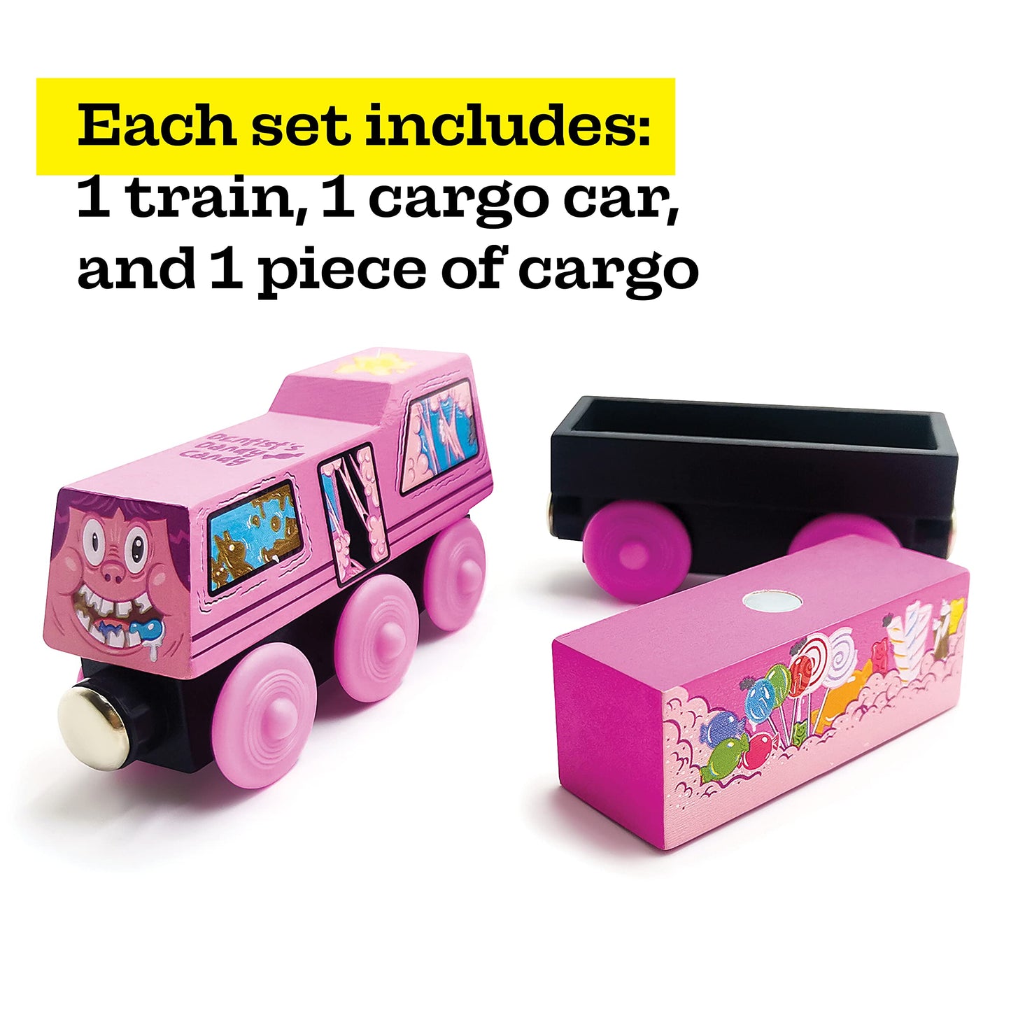 Zany Trains Series 1 - Wooden Train Set With Cargo - Compatible With All Wooden Train Sets - Wooden Train Cars (Sugar Rush Susie)