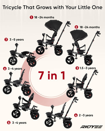RIDYEE 7-in-1 Tricycle for Toddlers 18 Months to 5 Years, Grey, All-Terrain Rubber Tires, Rotatable Seat, Dual Wheel Brakes