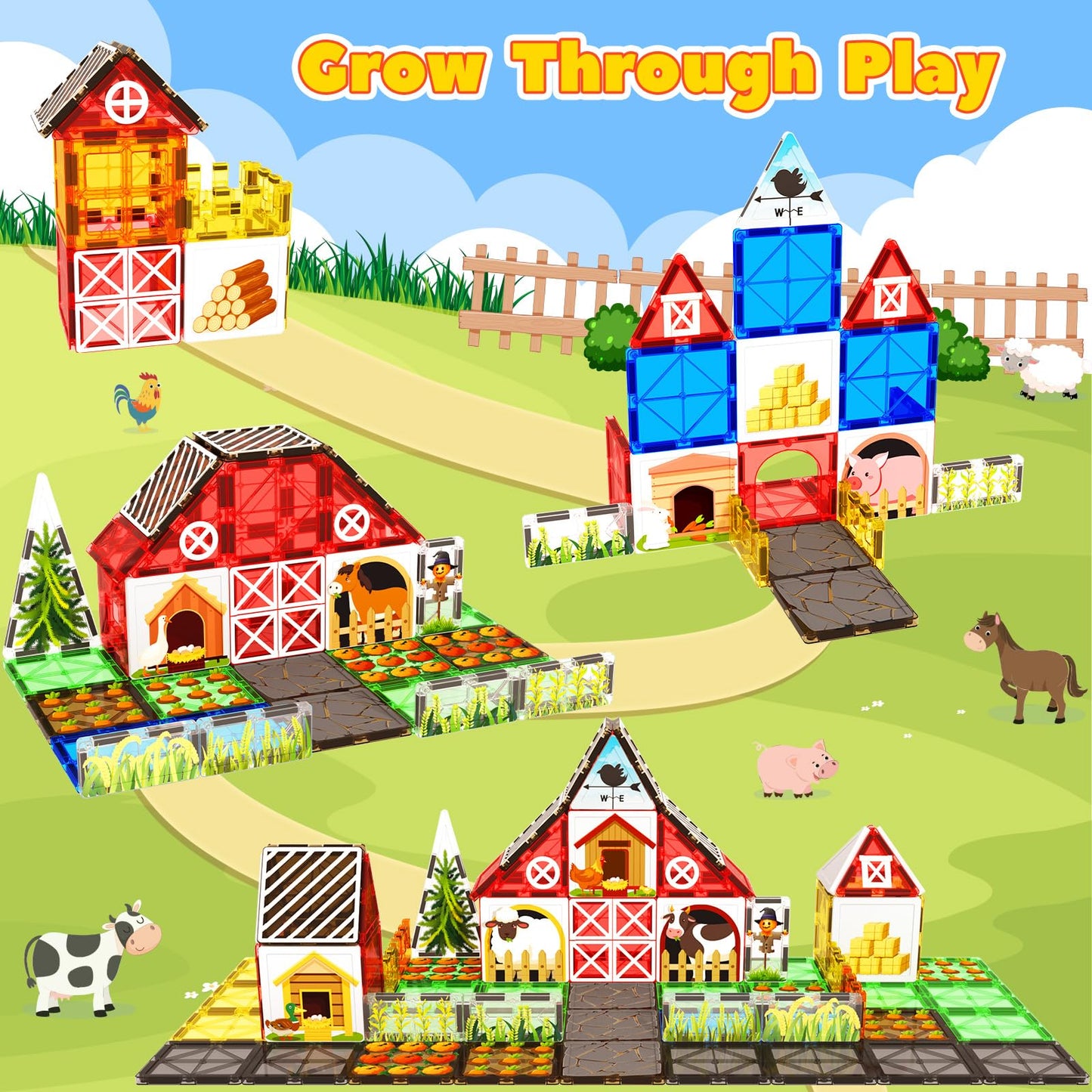 Magnetic Tiles Farm Animal Toys Set For Toddles Kids, Montessori Stem Toys For 3+ Year Old Boys Girls, Magnetic Building Blocks, Construction Sensory Toys Educational Birthday Toys Gifts