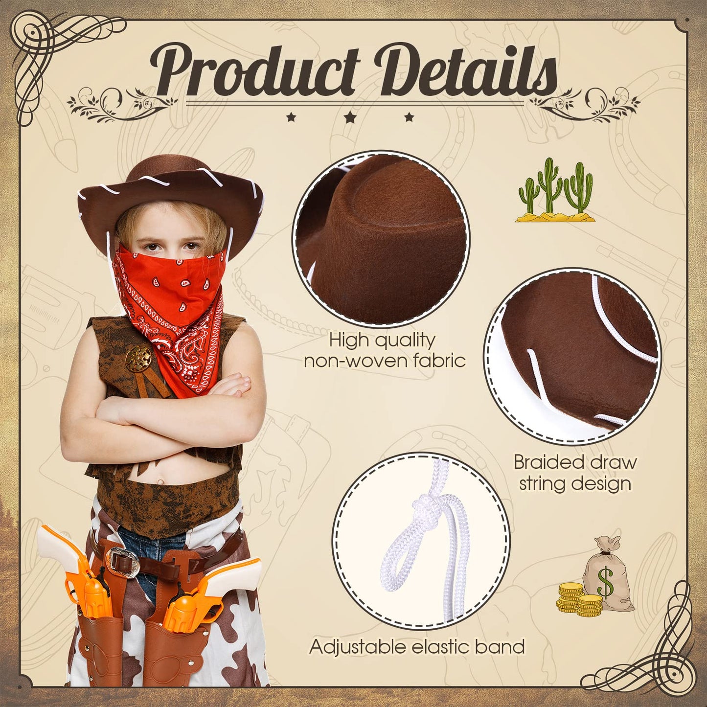24 Pieces Cowboy Hats and Bandanas for Kids Western Cowboy Costume Hat Accessories for Toddler Child Western Theme Birthday Part
