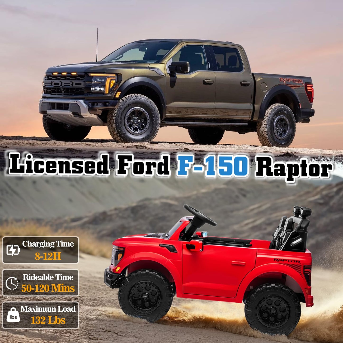 Segmart 24V Ride On Car For Big Kids, Licensed Ford F-150 Raptor 2 Seater Ride On Toy With Remote Control, Ride On Track W/4-Whe