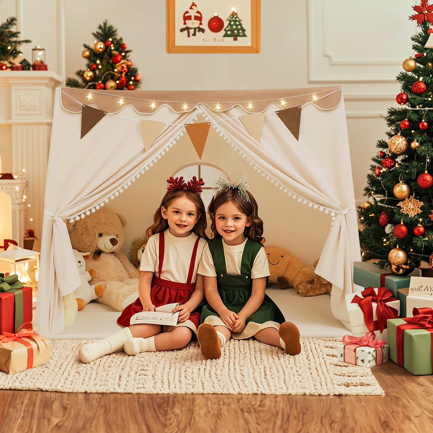 Piikago Kids Tent Indoor With Star Lights And Flags - Play Tent For Kids Ages 4-8, Toddler Tent, Kids Playhouse For Girls Boys,