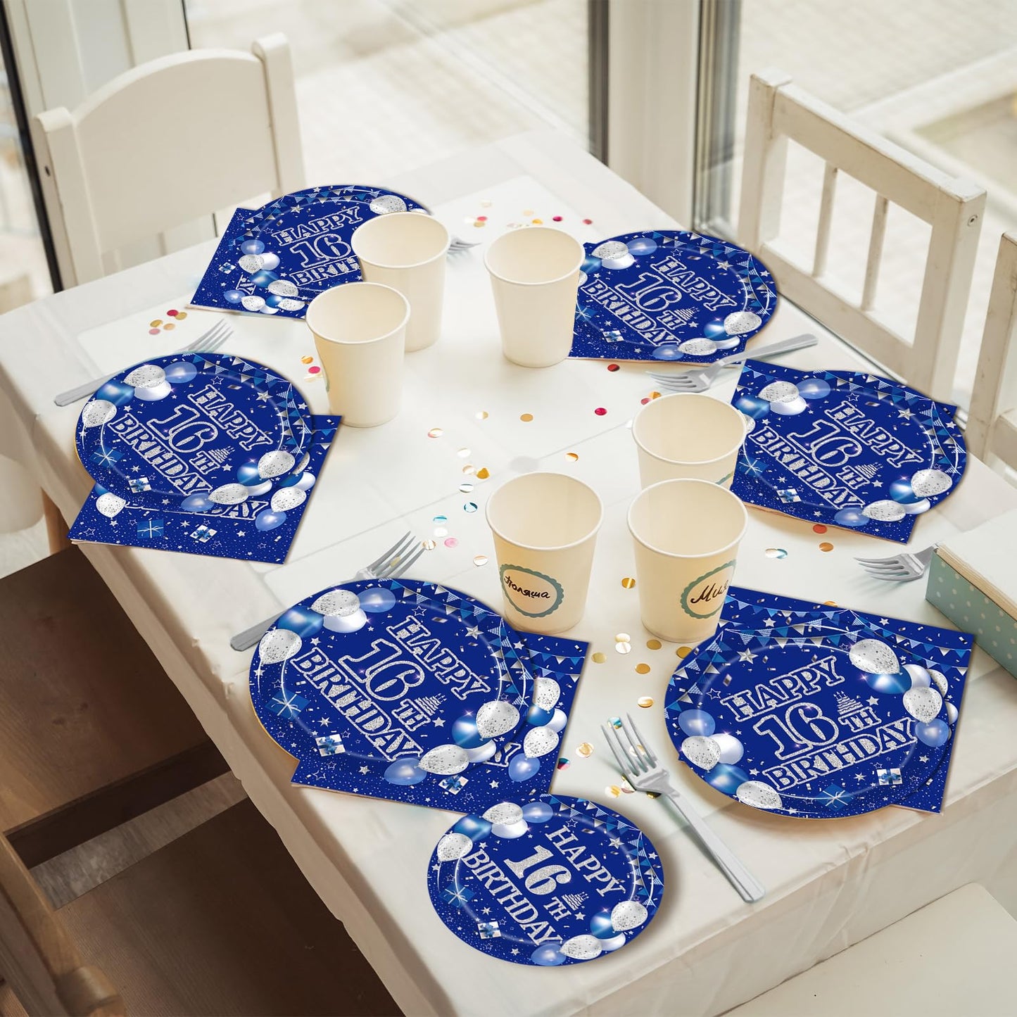 Kepeel 96Pcs 16Th Birthday Party Tableware Set, Blue And Silver Happy 16Th Birthday Party Decorations Supplies For Boys Girls 16