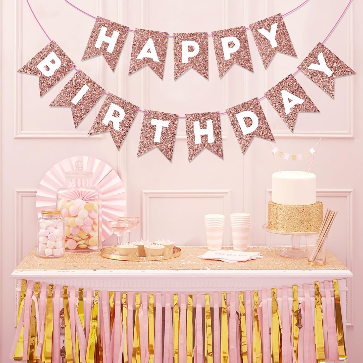 Hooqict Rose Gold Happy Birthday Banner Sign For Backdrop Glitter Rose Gold Birthday Decorations Banner Garland Bunting Flag For Women Girls Tea Party Supplies Wall Door Decorations
