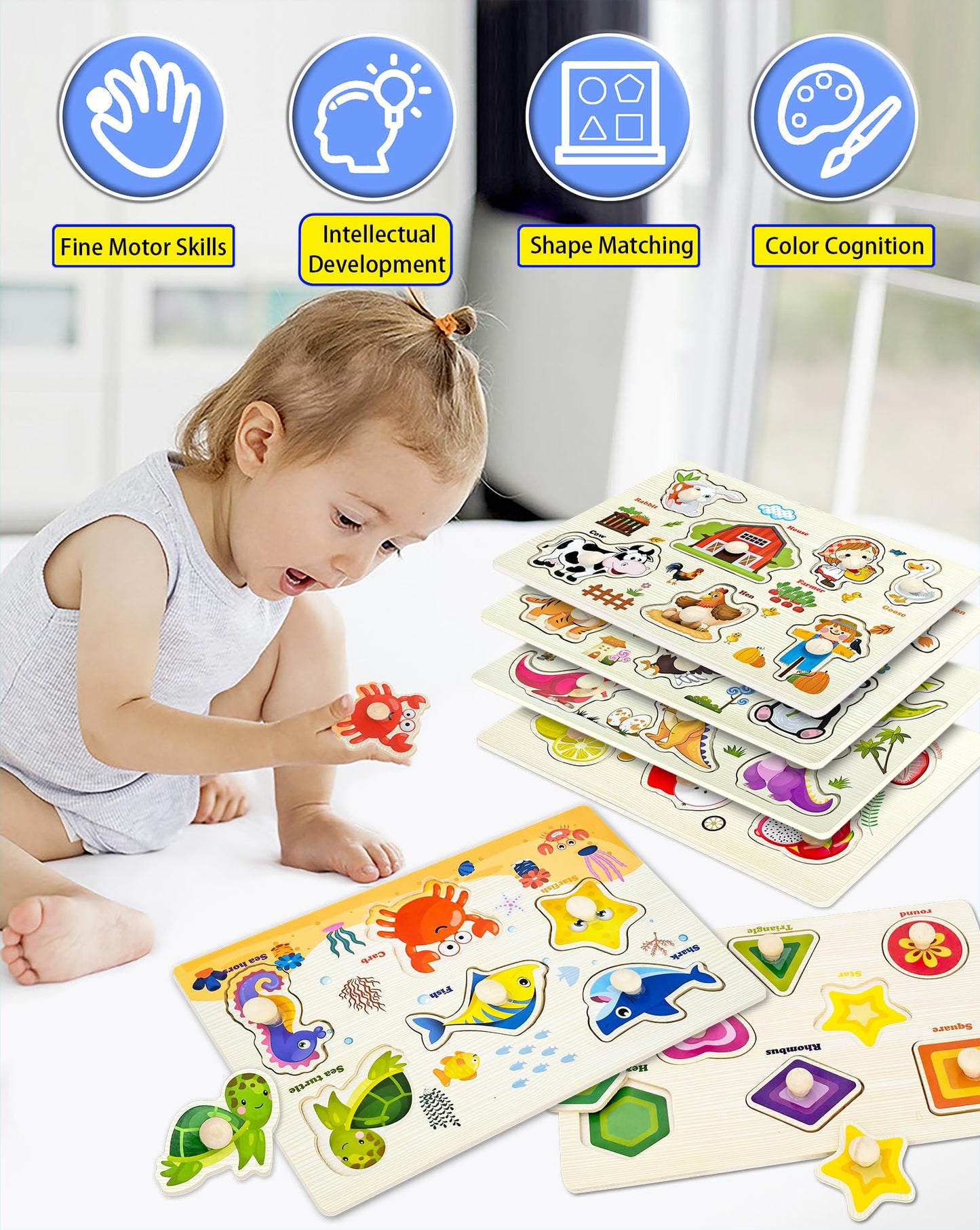 Wooden Peg Puzzles For Toddlers,Montessori Toddler Puzzles For Child,Fine Motor Skill Learning Puzzles Toys For Baby Boys Girls Gifts-6 Pcs Shape,Farm,Sea Animal,Dinosaurs,Fruits,Animals