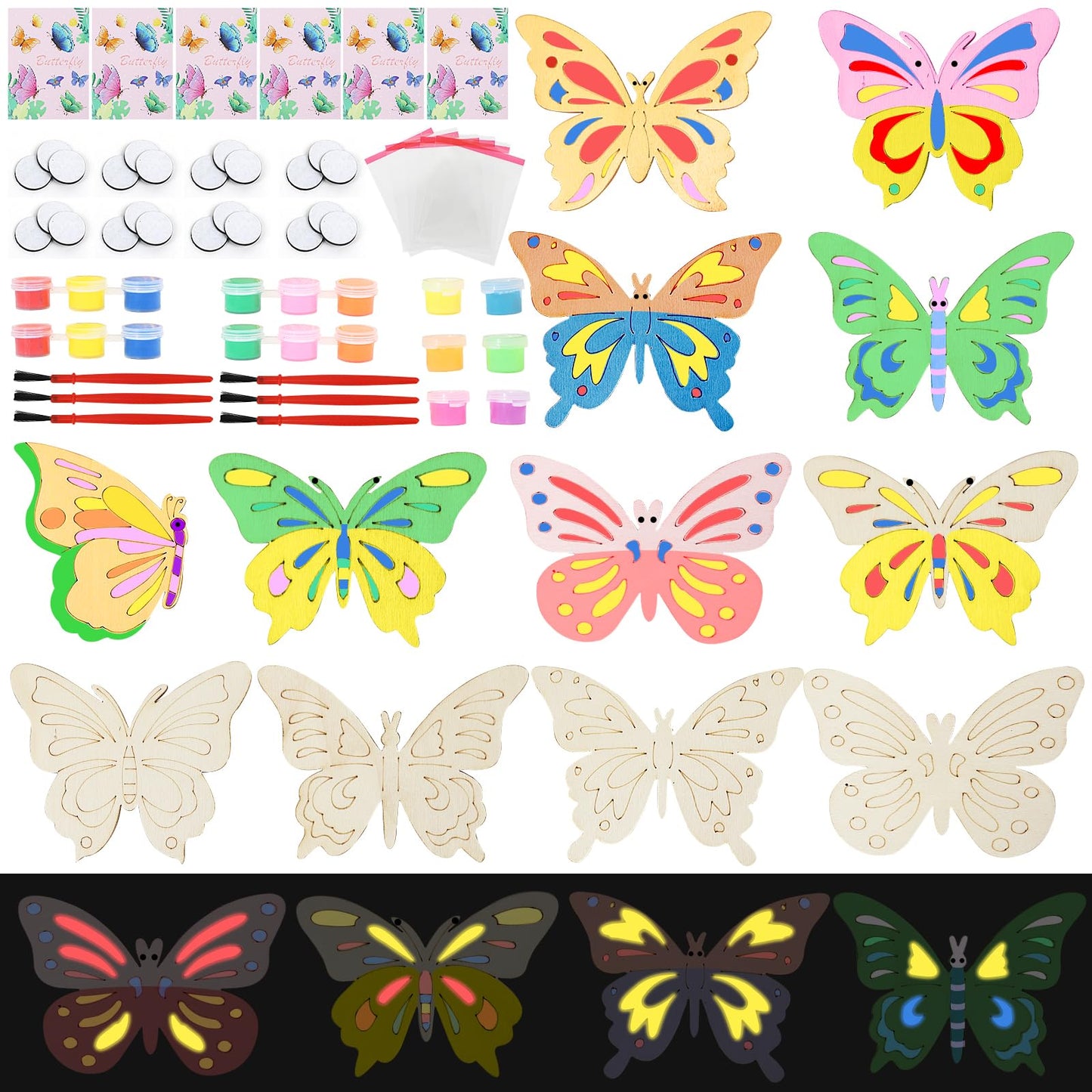 LARDUX Butterfly Party Favors, 24PCS DIY Wooden Arts & Crafts Painting Kit for Kid, Glow in The Dark Party Favors Family Crafts