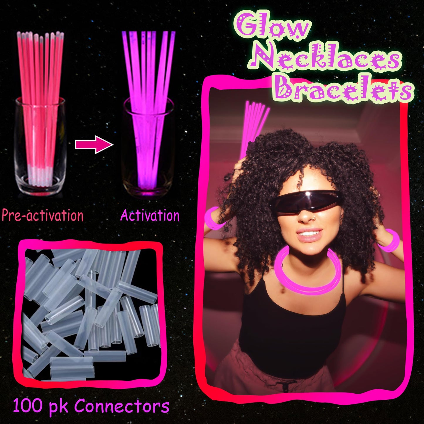 Ilhsty 100 Pk 8'' Pink Glow Sticks Glow Necklaces In The Dark Party Favors Supplies Bright Glowsticks Bulk For Birthday Valentin
