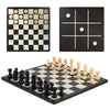 3 In 1 Chess, Checkers And Tic-Tac-Toe Set - Wooden Chess Set, Double-Sided 11'' Game Board With Extra Queens - Fun Family Chess