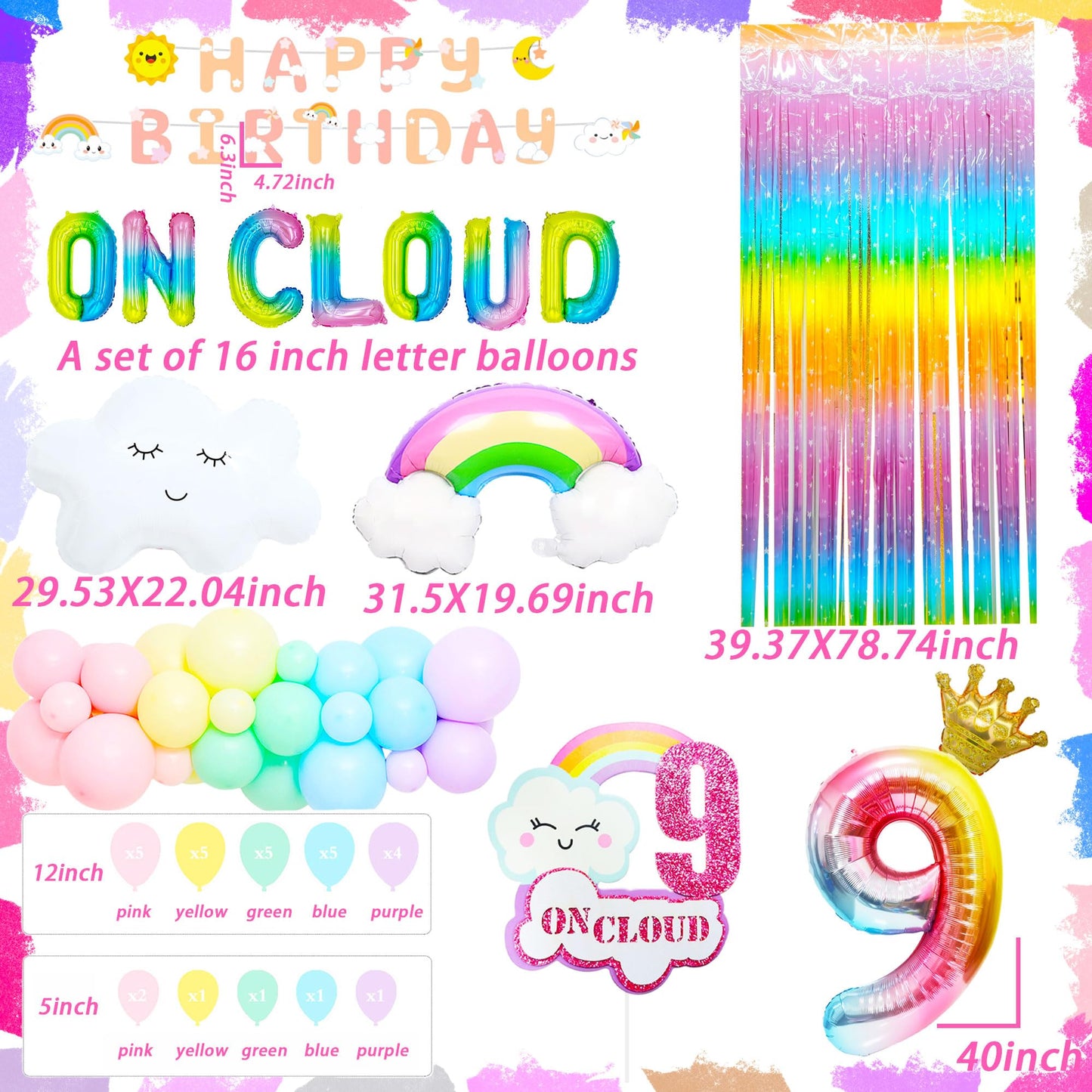 Laventy 57 Pcs Rainbow On Cloud 9 Balloons On Cloud 9 Birthday Decoration On Cloud 9 Cake Topper Nine Years Old Birthday Balloon On Cloud 9 Party Supplies Cloud Balloon