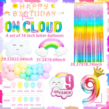 Laventy 57 Pcs Rainbow On Cloud 9 Balloons On Cloud 9 Birthday Decoration On Cloud 9 Cake Topper Nine Years Old Birthday Balloon On Cloud 9 Party Supplies Cloud Balloon