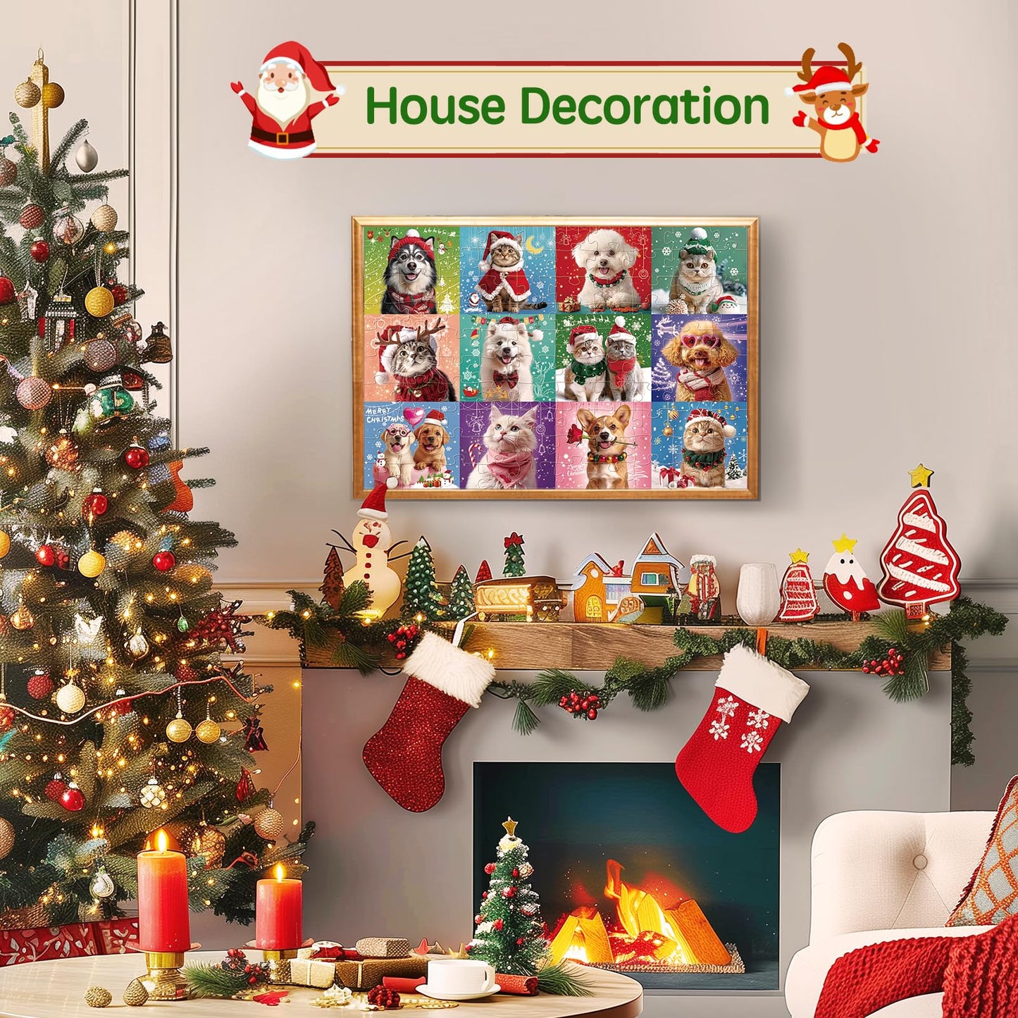 100 Pieces Christmas Puzzle For Kids Age 4-8 4-6 8-10 Christmas Cat Dog Jigsaw Puzzles Gifts Stocking Stuffers For Boys Girls (C