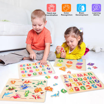 Montessori Wooden Peg Puzzles For Toddlers 2 3 4 5 Year Old, 4 Pcs Kids Educational Toys Preschool Learning Activities-Alphabet,