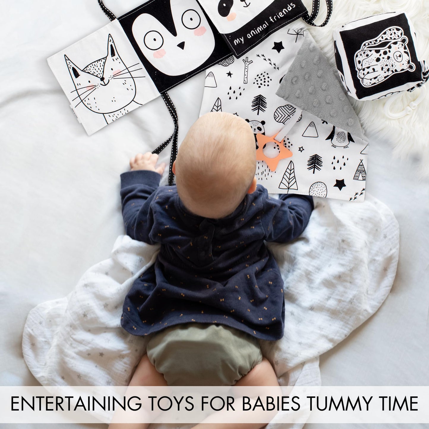 The Ultimate Tummy Time Toys Set Of 3 - Soft High Contrast Book, Toy Block, Crinkle Paper And Teether - Stimulating Black & White Sensory Development Toys For Newborns & Infants 0-3, 0-6 Months
