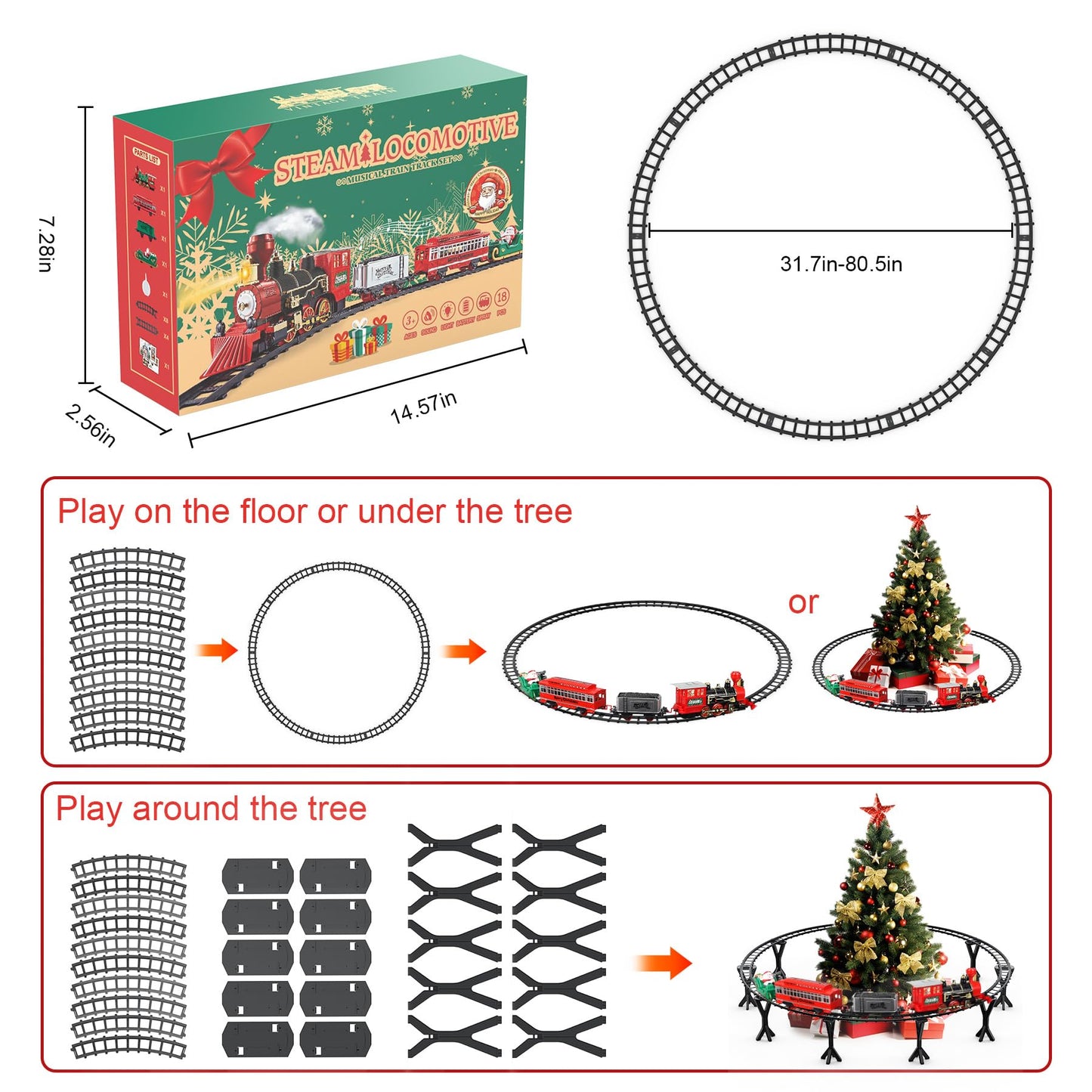 Christmas Train Set With Bridge,Smoke, Light And Sounds Effect, Kids Electric Train Set, Toy Train Set For Around Tree, Train To