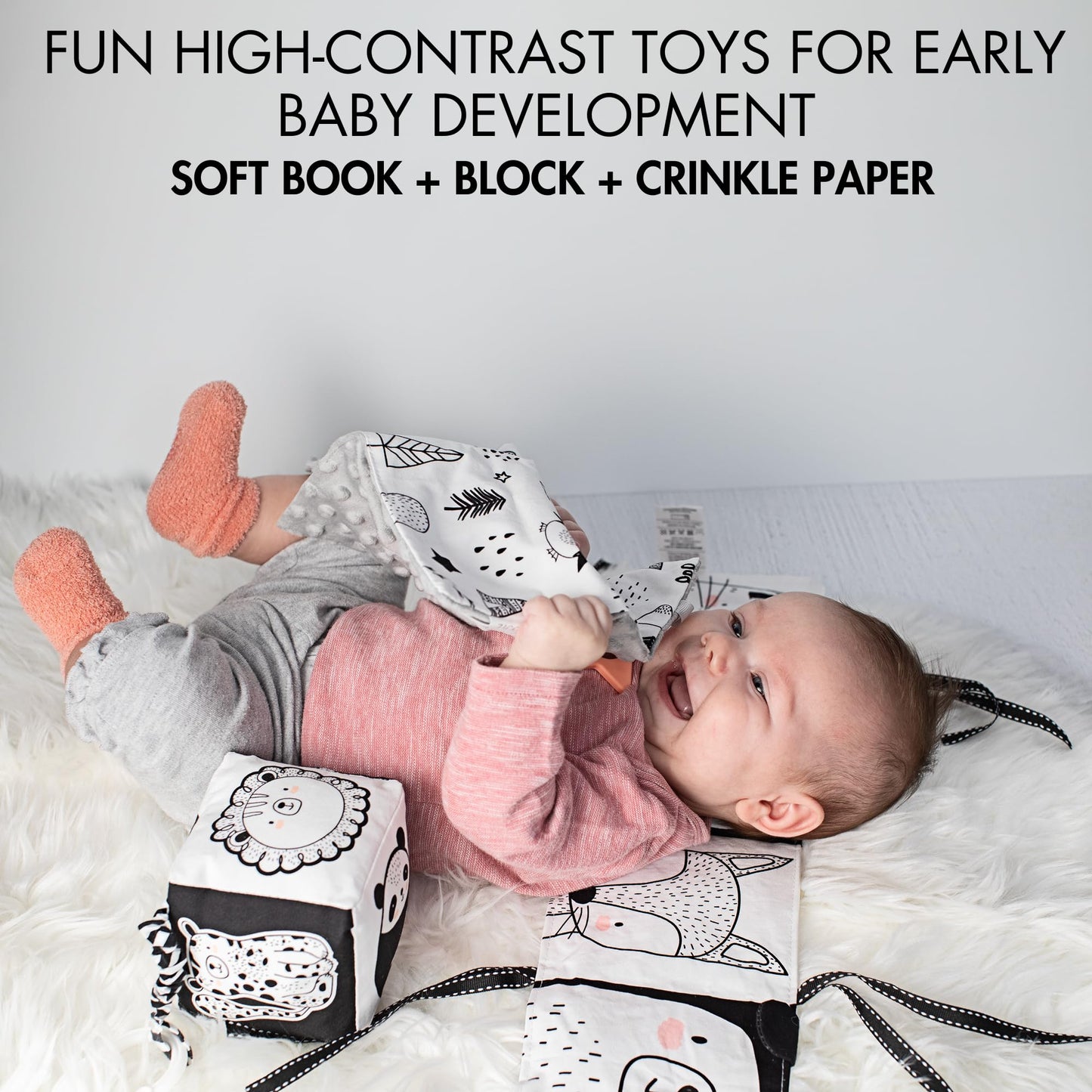 The Ultimate Tummy Time Toys Set Of 3 - Soft High Contrast Book, Toy Block, Crinkle Paper And Teether - Stimulating Black & White Sensory Development Toys For Newborns & Infants 0-3, 0-6 Months
