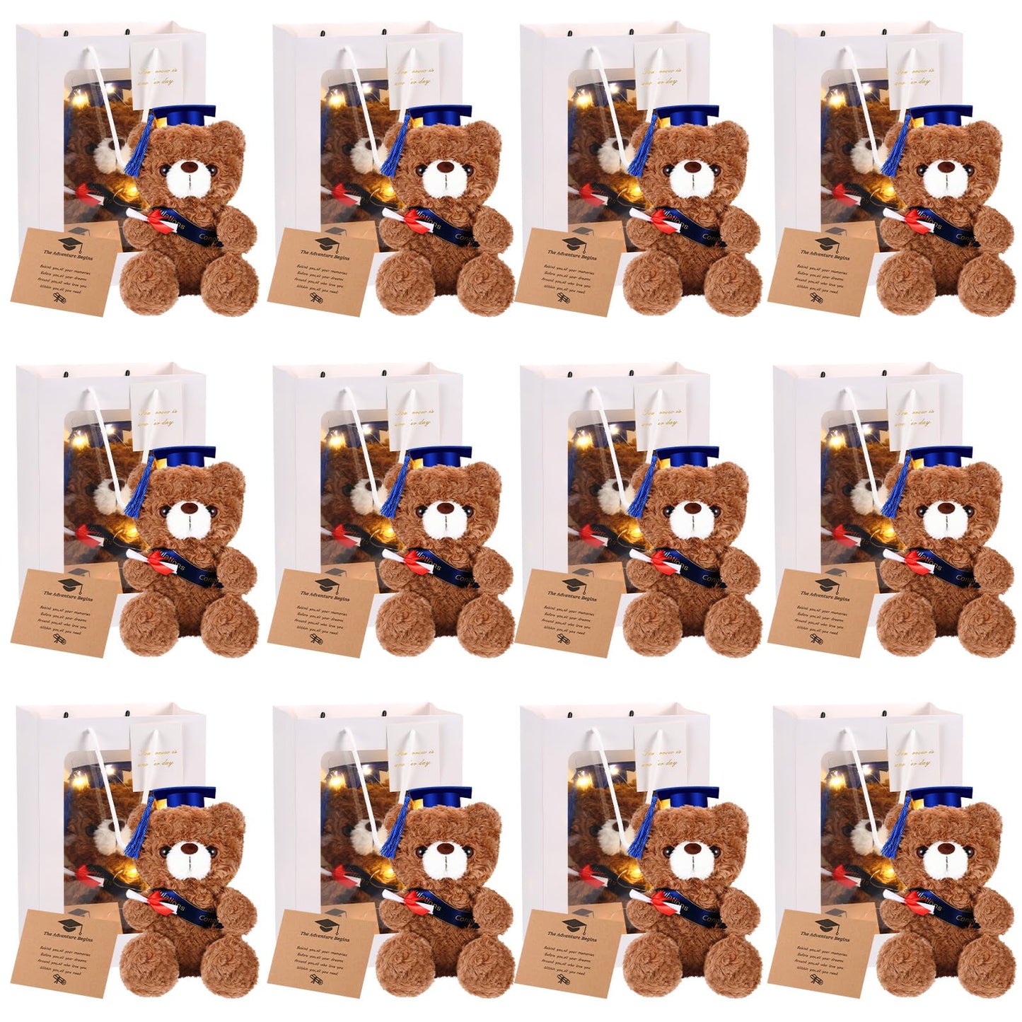 Leitee 12 Set Graduation Bears Class of 2025 Graduation Stuffed Bears Bulk Plush Bear with Cap, Greeting Card Bags Gift for Her