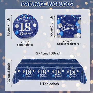 Blue 18Th Birthday Decorations For Boys Girls Navy Blue Silver Happy 18Th Birthday Napkins Tablecloth Plates For 18Th Birthday A