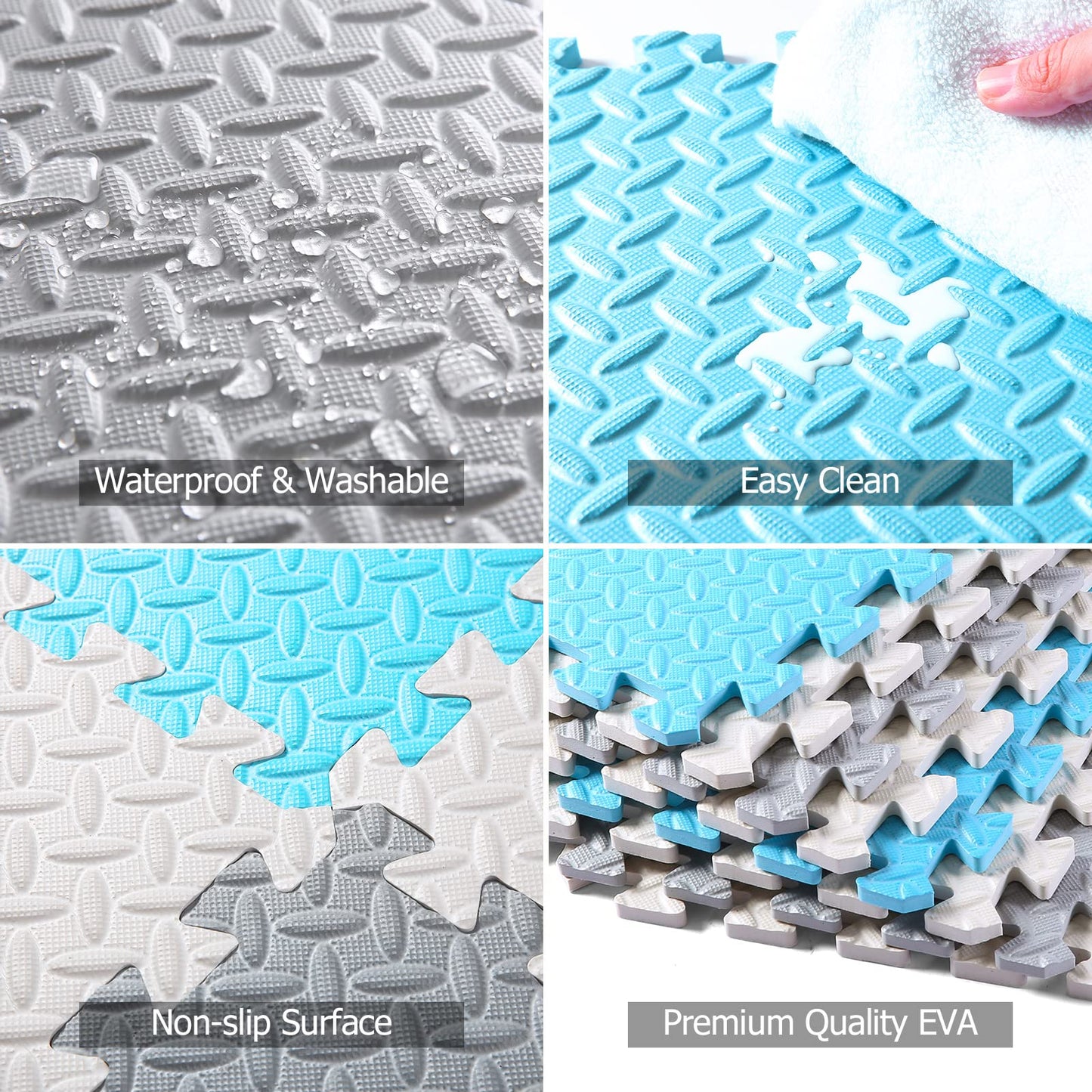 Tamiplay Foam Floor Mats For Kids, 12 X 12 Inch 16 Tiles 0.4' Thickness Foam Play Mat, Non-Toxic Square Interlocking Floor Mats Rubber Baby Play Mat For Toddlers(White/Gray/Light Blue)
