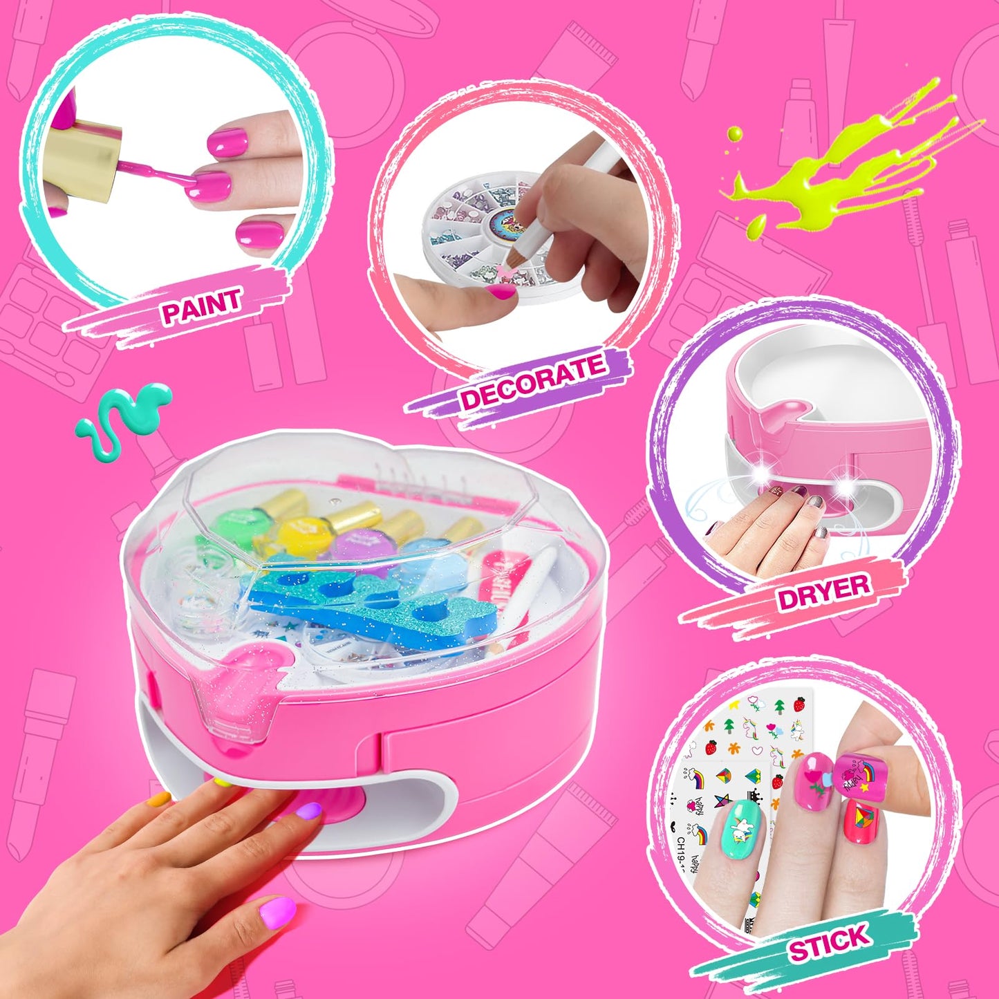 Battop Kids Nail Polish Set For Girls, Nail Art Kit For Kids With All-In-One Organizer Nail Dryer, Polish, Stickers, Gems, Filer