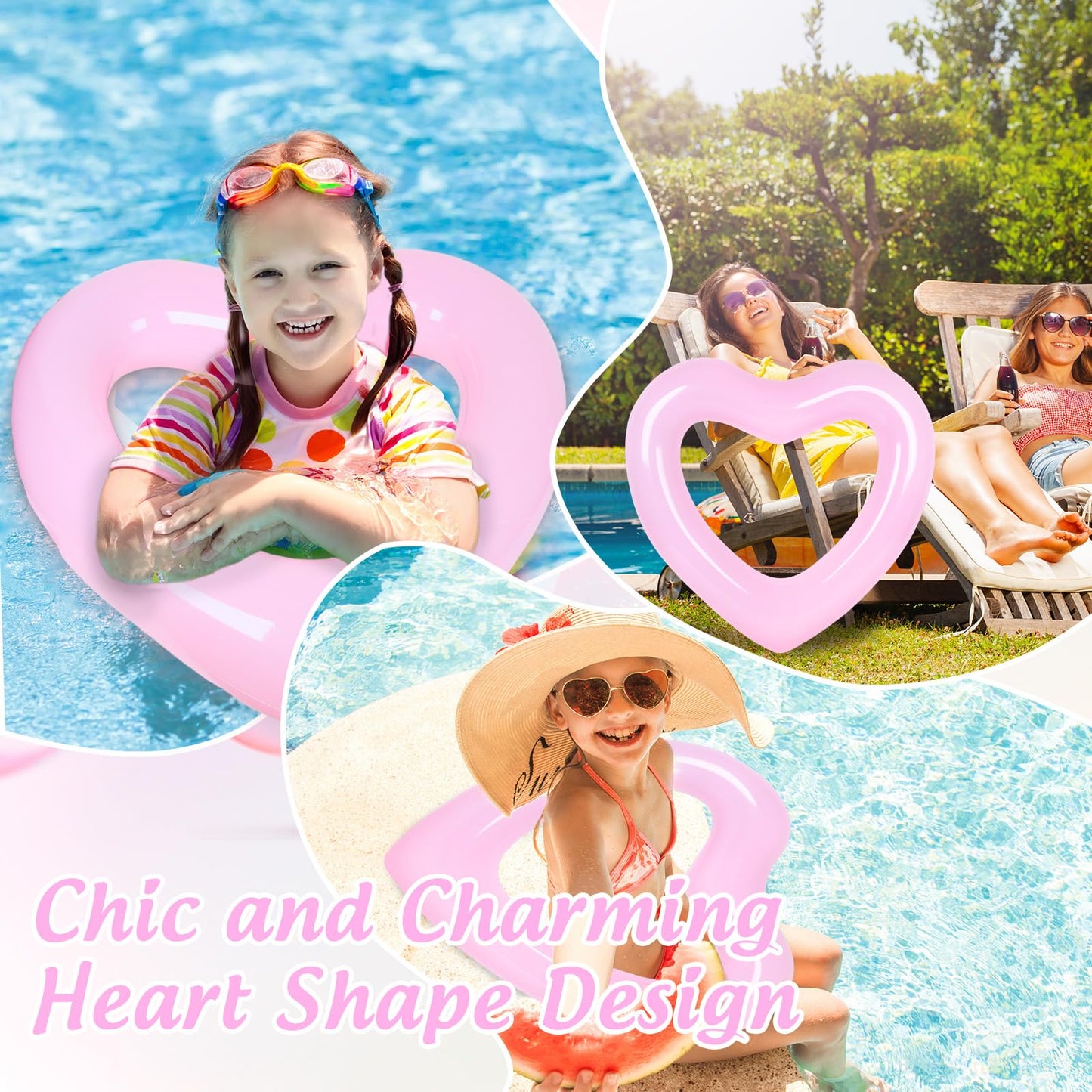 Whaline 3Pcs Inflatable Heart Pool Float Pink Swim Heart Shaped Pool Rings Float Loungers Tube For Summer Pool Beach Bachelorett