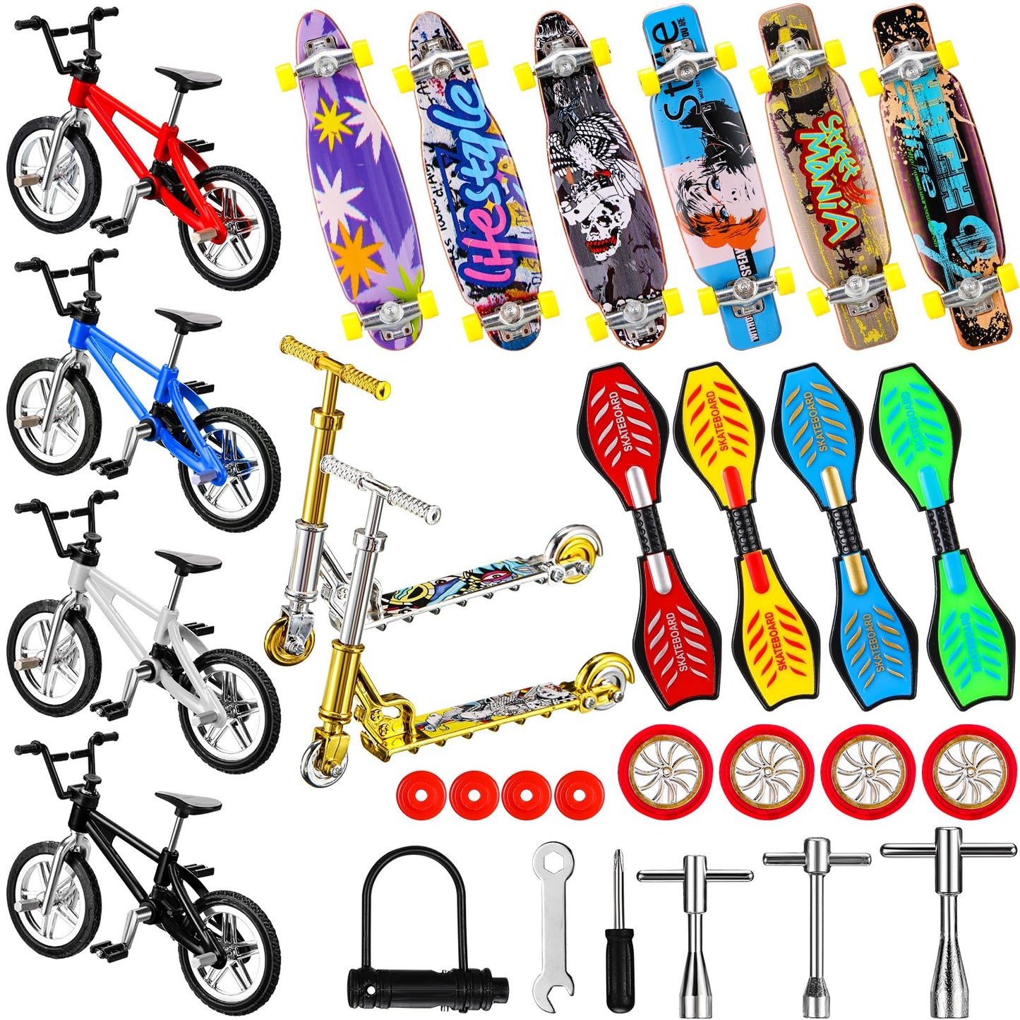 Skylety 31 Pieces Mini Finger Toys Set For Boy Girl Includes 6 Finger Skateboards, 4 Finger Bikes, 2 Mini Scooters 4 Swing Board 8 Matched Wheels 7 Tool Accessories Educational Toy Party Favor(Novel)