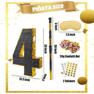 PCFING 20 Inch Number 4 Piata Gold Black with 30 Inch Piata Stick Blindfold Confetti for Man Women Kids Birthday Party Decoratio