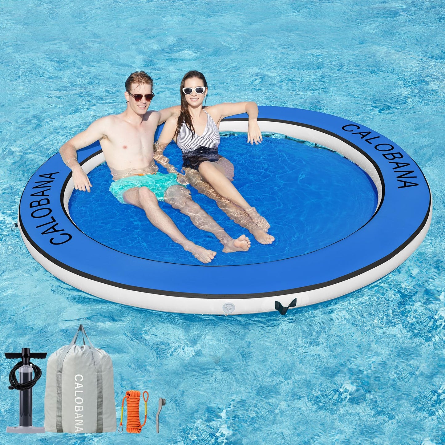 Calobana 8Ft Round Inflatable Water Hammock, Heavy Duty Floating Ring Dock Island Platform River Floats For Adults Party Tanning