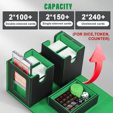 Kabinka Deck Box for MTG with Commander Display 3 in 1 Trading Card Storage Box Fit 200 Double-sleeved Cards Removable Deck Case for TCG/Sports Cards with 2 Magnetic Card Holders (Black Green)