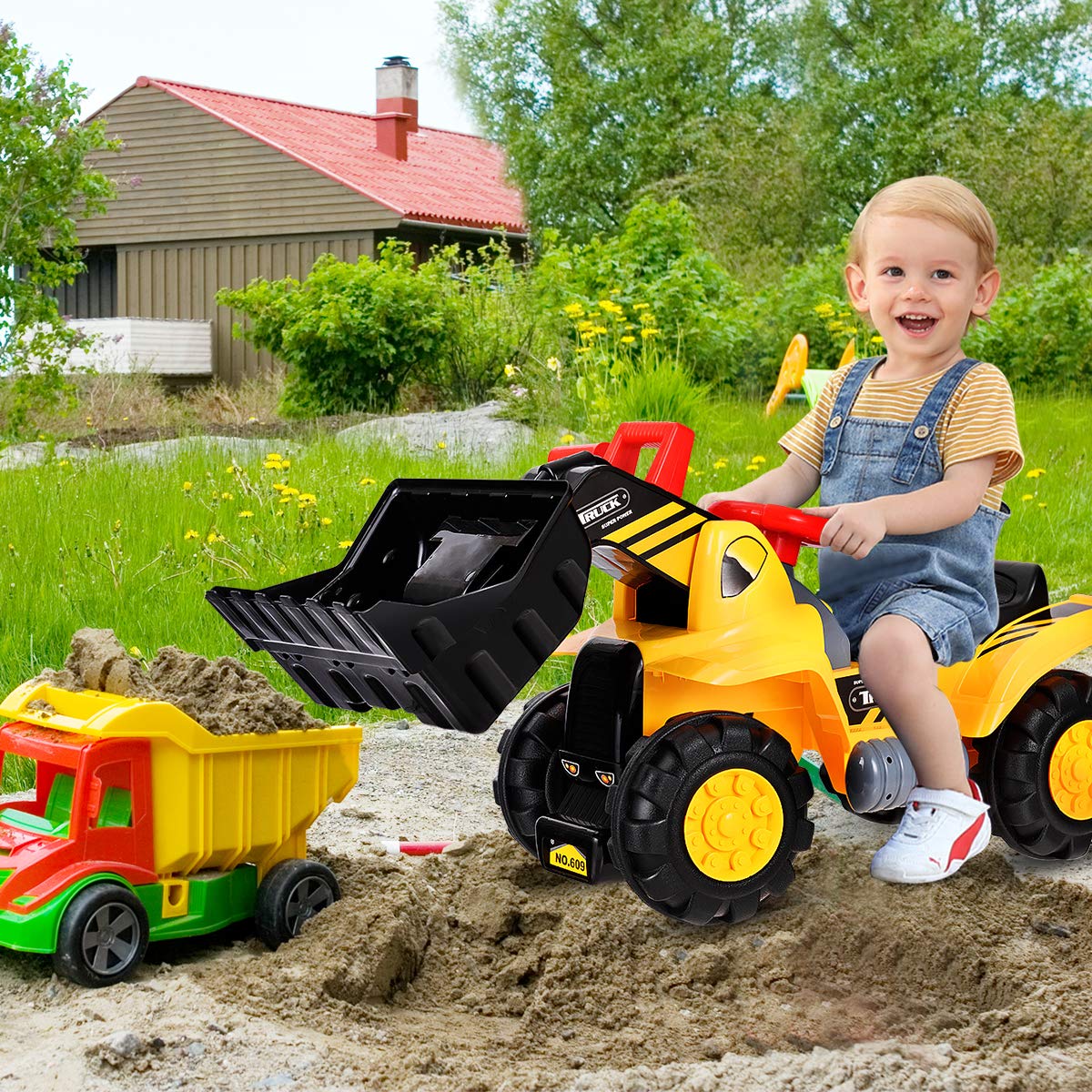 Giantex Ride On Bulldozer Truck For Kids, Excavator Digger Construction Vehicles, Pretend Play Sliding Tractor, W/ Multiple Sounds, Push Bucket, Low Seat, Anti-Skid Tires, Front Loader Ride-On Large