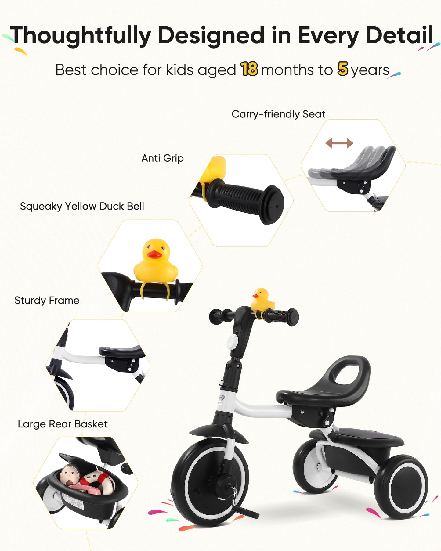 RIDYEE Toddler Tricycle for 18 Months to 5 Years, Foldable Tricycles for 3-5 Year Olds, Kids Tricycle with Adjustable Carry-Frie