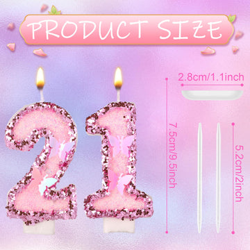 BOXOB Girls Birthday Candles - 21th Glitter Butterfly Cake Toppers, Pink Wax, 2.95in, Perfect for Anniversary & Party Supplies